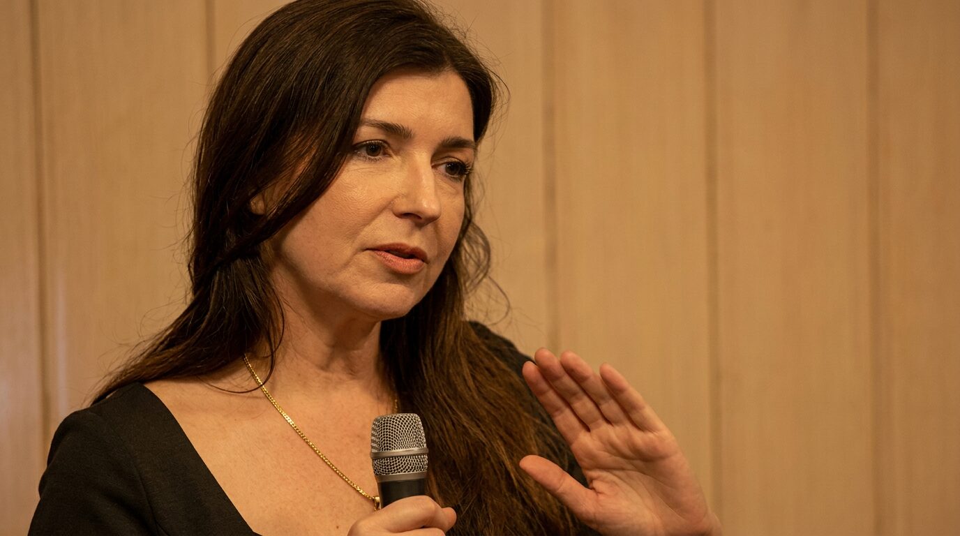 Moya O'Dwyer speaking into a microphone, mid-demonstration