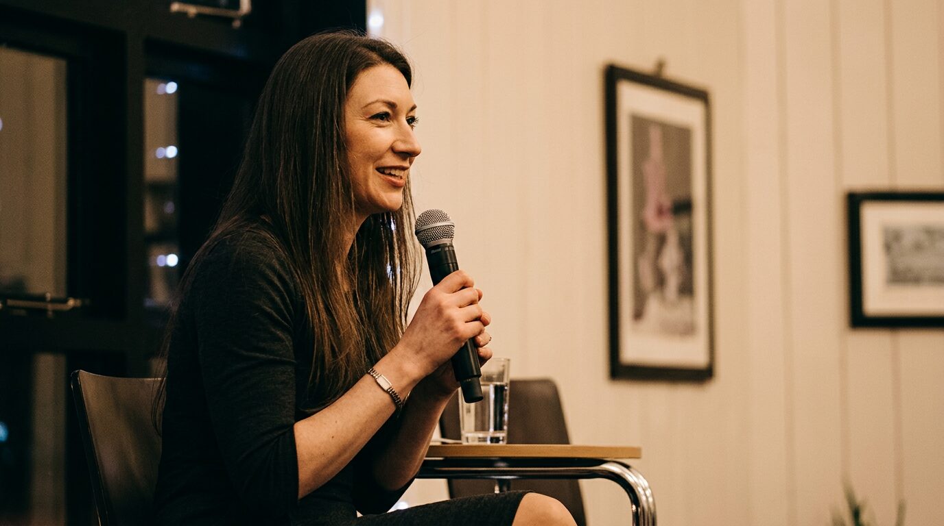 Moya O'Dwyer speaking into a microphone during a public demonstration