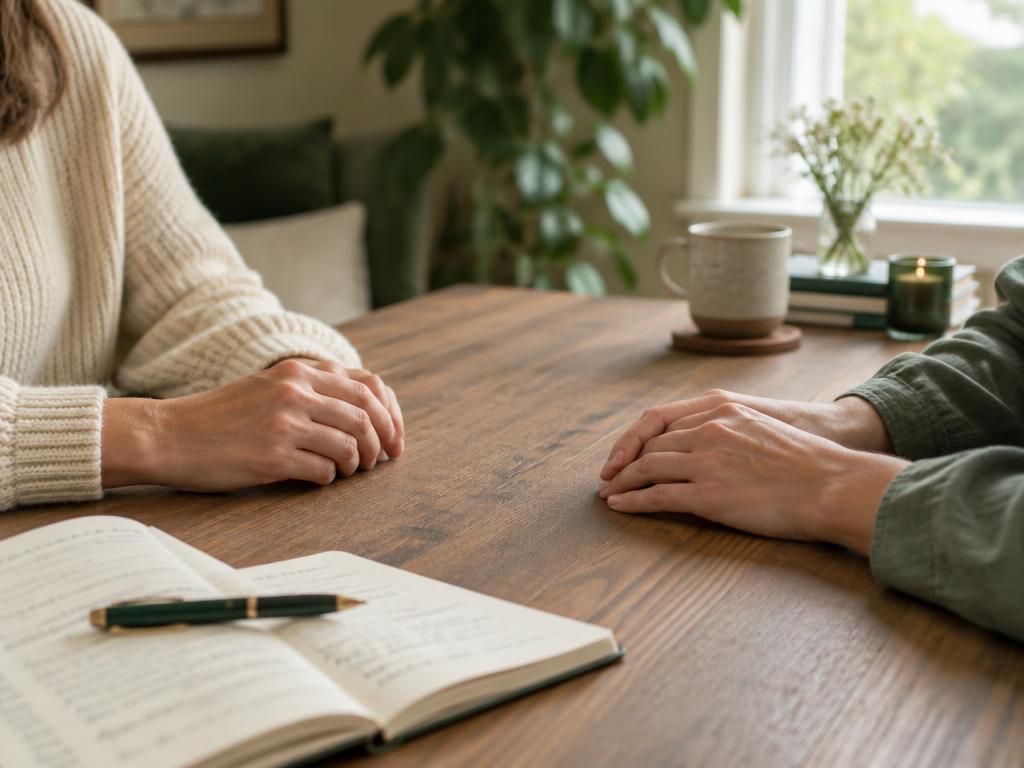 Two people seated across a wooden table in quiet conversation, hands resting apart beside a handwritten notebook