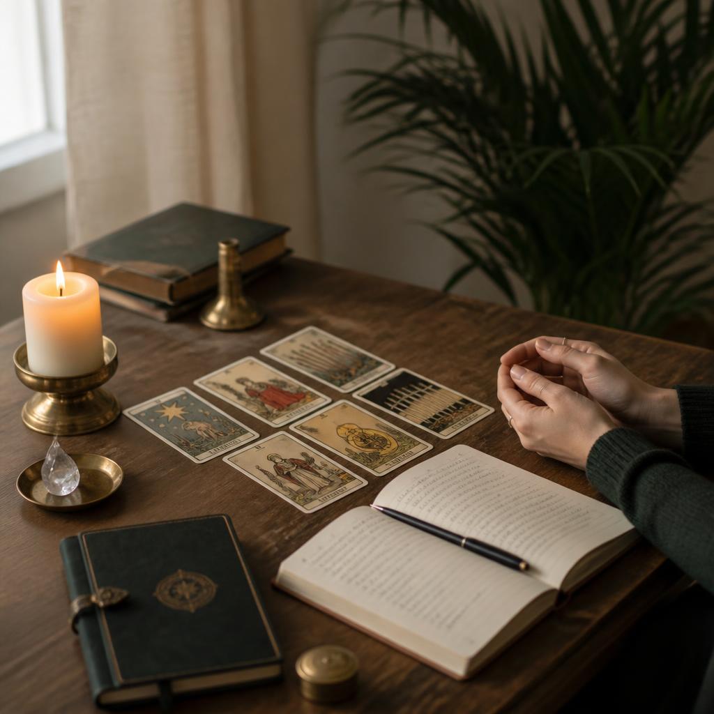 A calm teaching table with tarot cards, an open journal, a lit candle and hands resting in quiet meditation